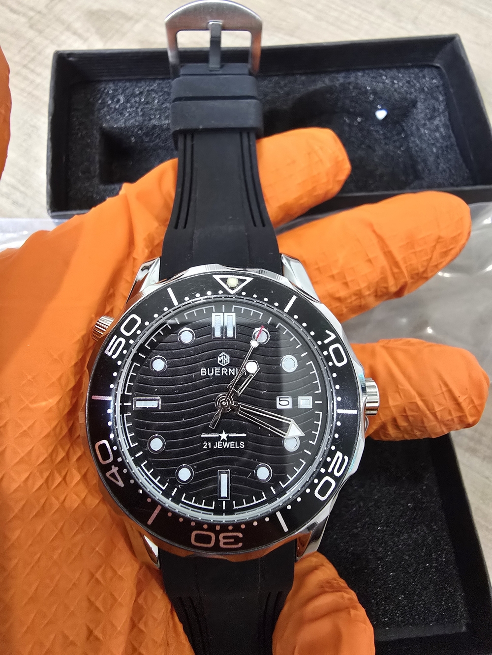 Men's Black Diver-Style Authomatic  Watch with Black Strap